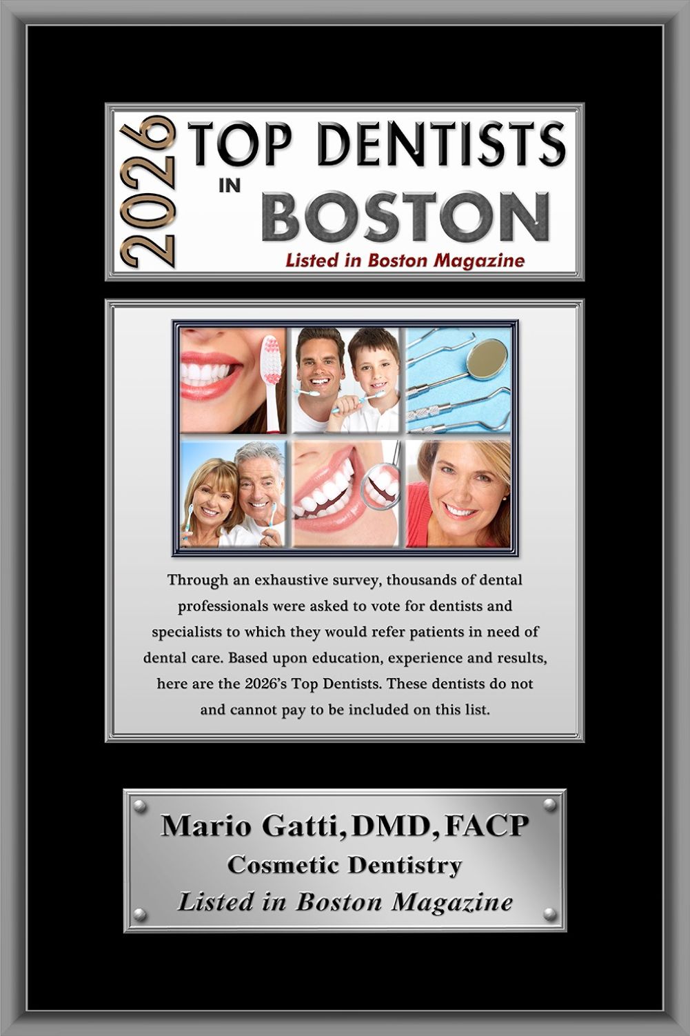 Greater Boston 2026 Top Dentist Award for Doctor Mario Gatti, DMD, FACP Cosmetic Dentistry. Listed in Boston Magazine.